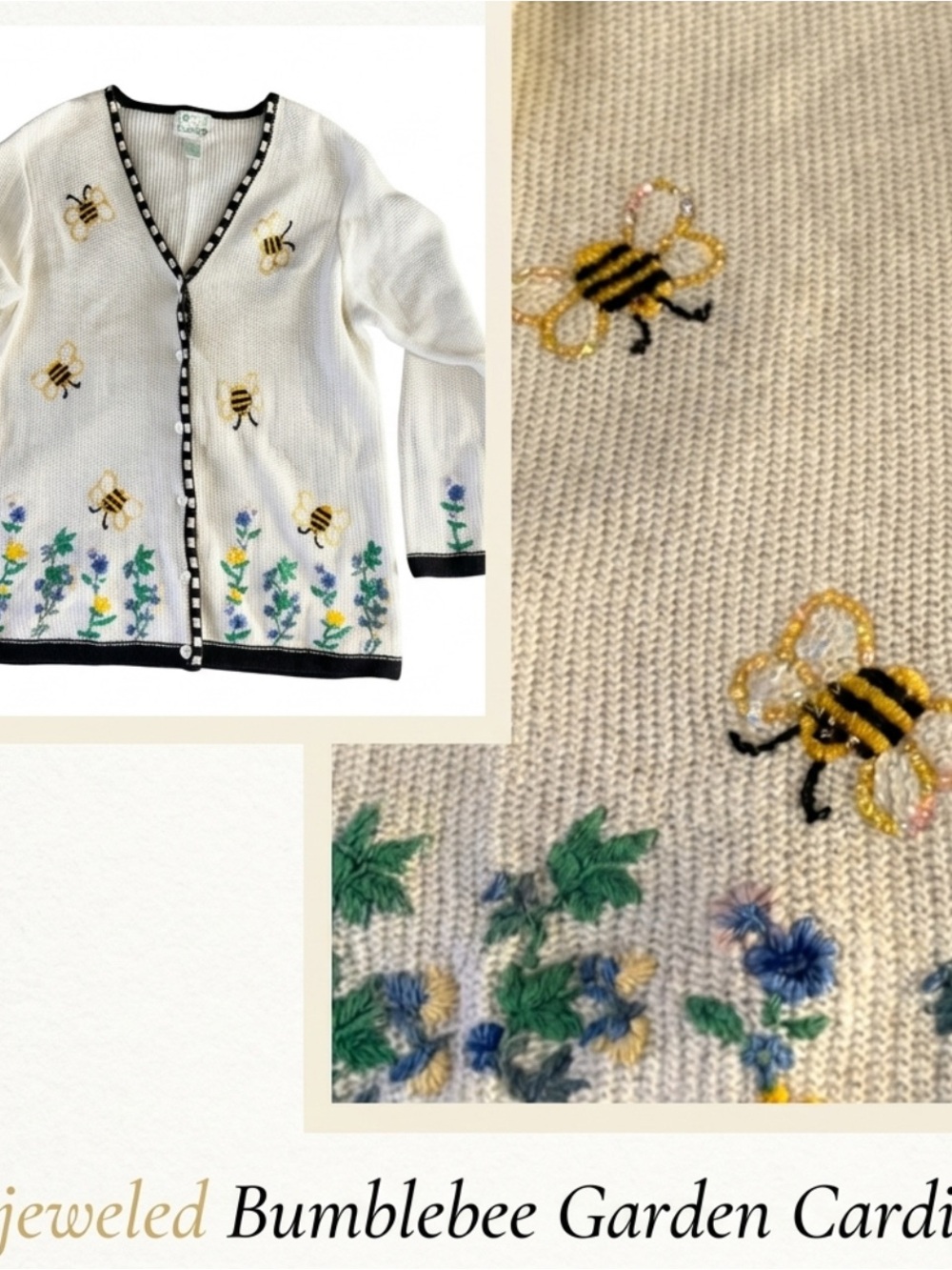 Quacker Factory Bumblebee Flower Cardigan Sweater Buttons Size L Spring Floral
